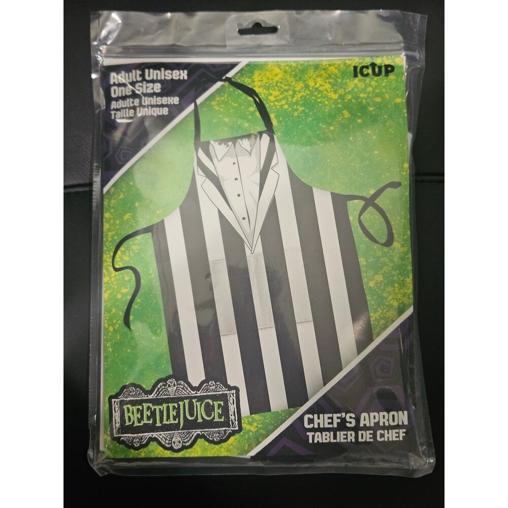 Beetlejuice Chefs Apron Adult One Size Costume NWT 100 Cotton Black White